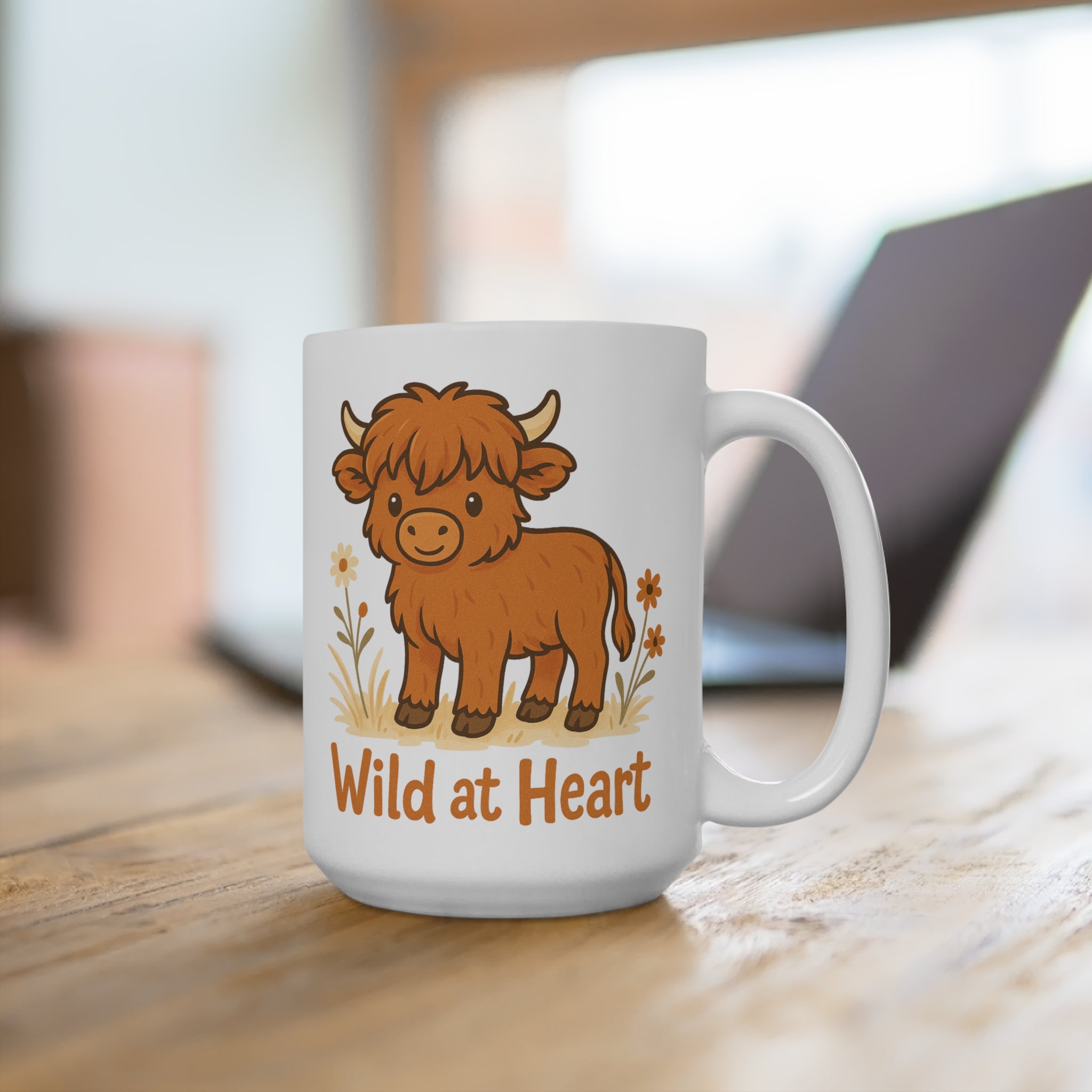 Wild at Heart Highland Cow 15oz Mug - Cute Animal Coffee Cup, Gift for Cow Lovers, Farmhouse Decor, Kitchen Essentials, Animal-Themed Drinkware