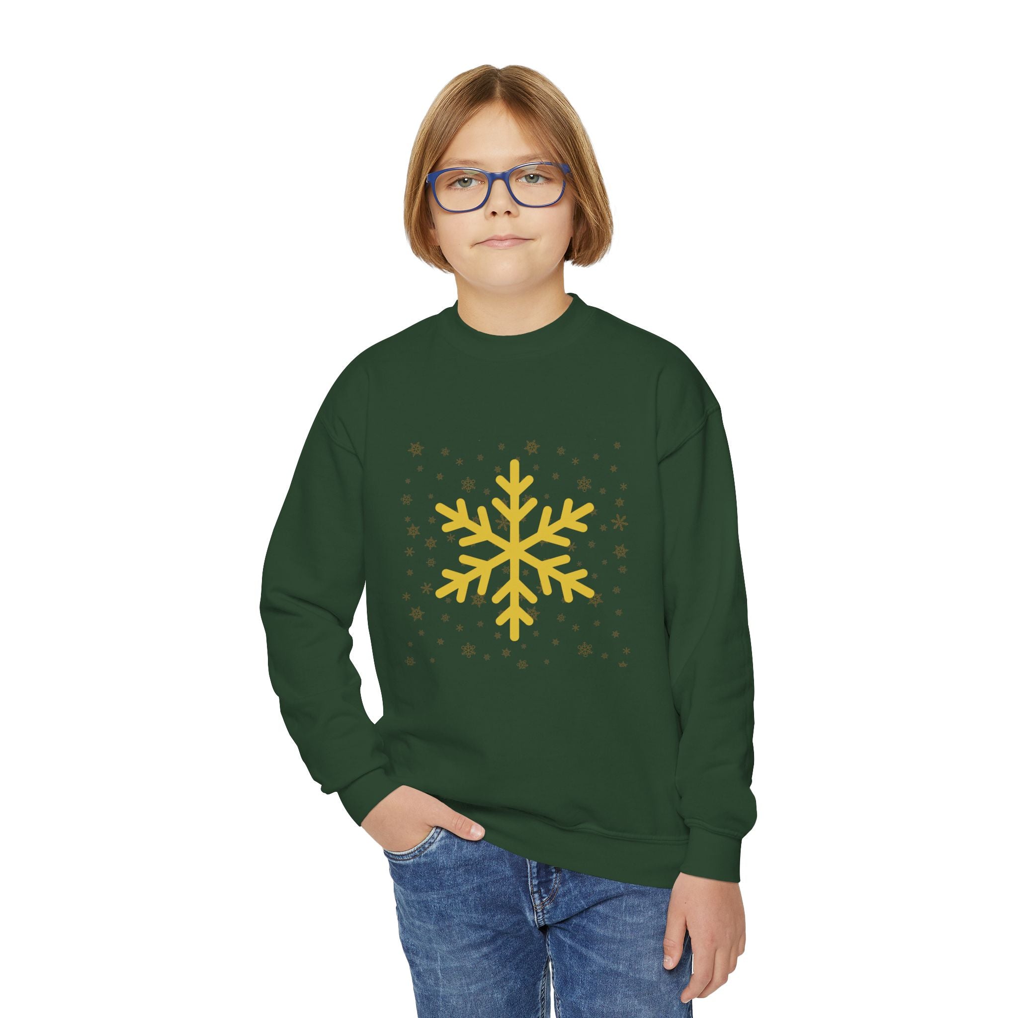 YOUTH Winter Crewneck Sweatshirt with Gold Snowflake Design, Cozy Seasonal Sweatshirt, Gift for Kids, Holiday Apparel, Winter Fashion