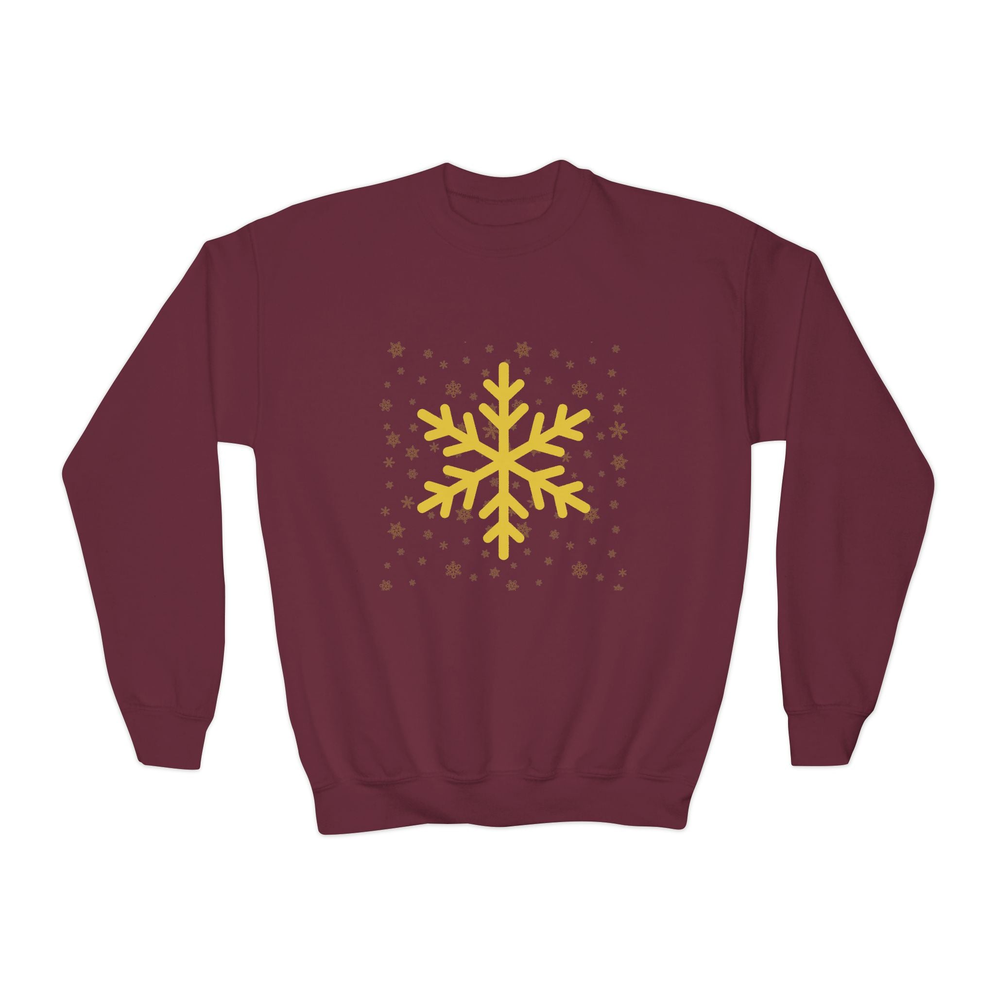 YOUTH Winter Crewneck Sweatshirt with Gold Snowflake Design, Cozy Seasonal Sweatshirt, Gift for Kids, Holiday Apparel, Winter Fashion