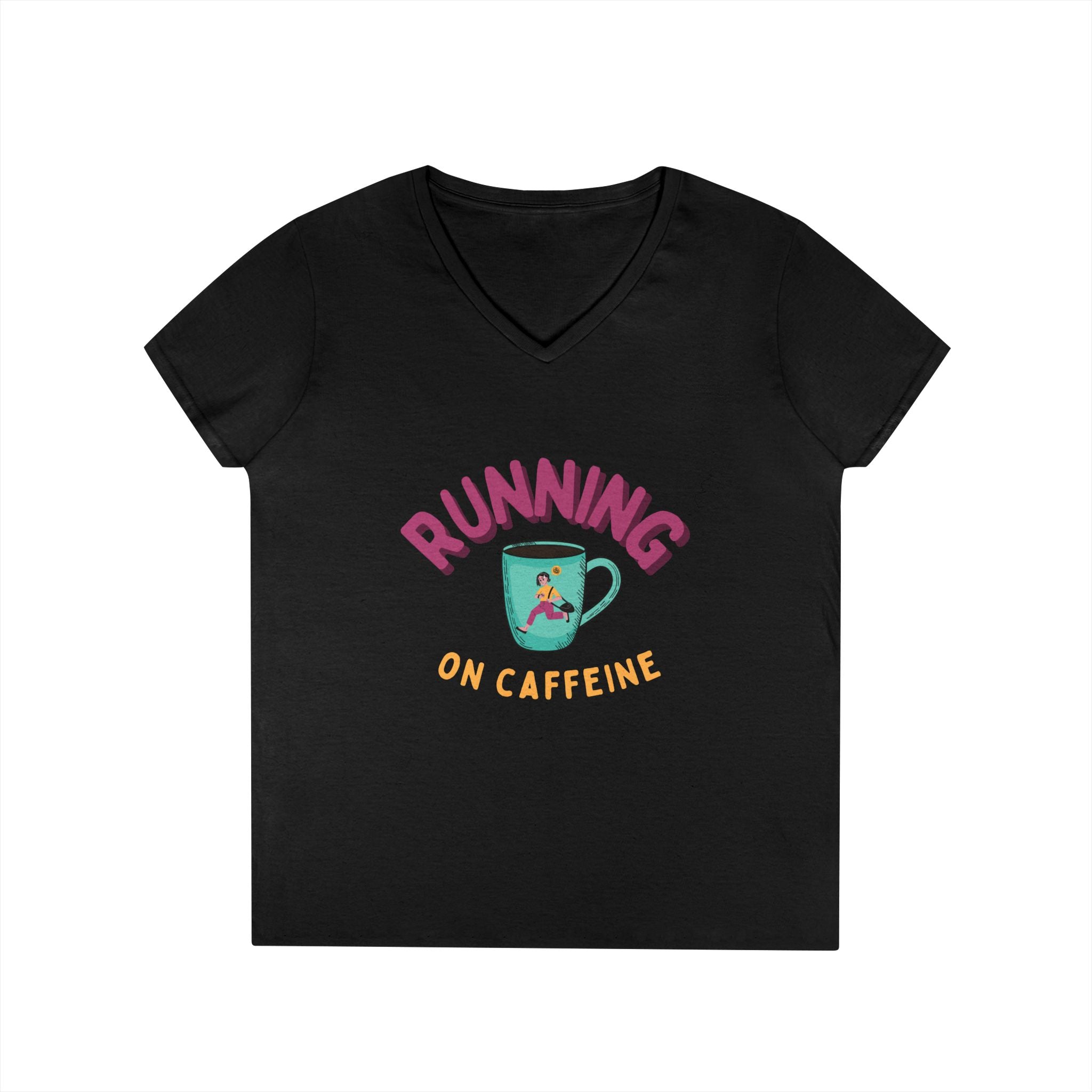 Running on Caffeine Ladies' V-Neck T-Shirt, Gift for Coffee Lovers, Casual Tee, Workout Shirt, Birthday Gift, Fun Graphic Tee