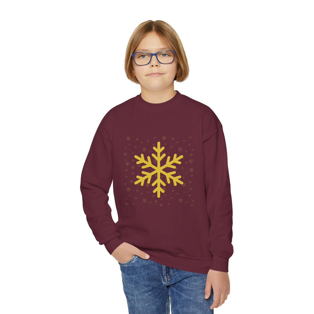 YOUTH Winter Crewneck Sweatshirt with Gold Snowflake Design, Cozy Seasonal Sweatshirt, Gift for Kids, Holiday Apparel, Winter Fashion