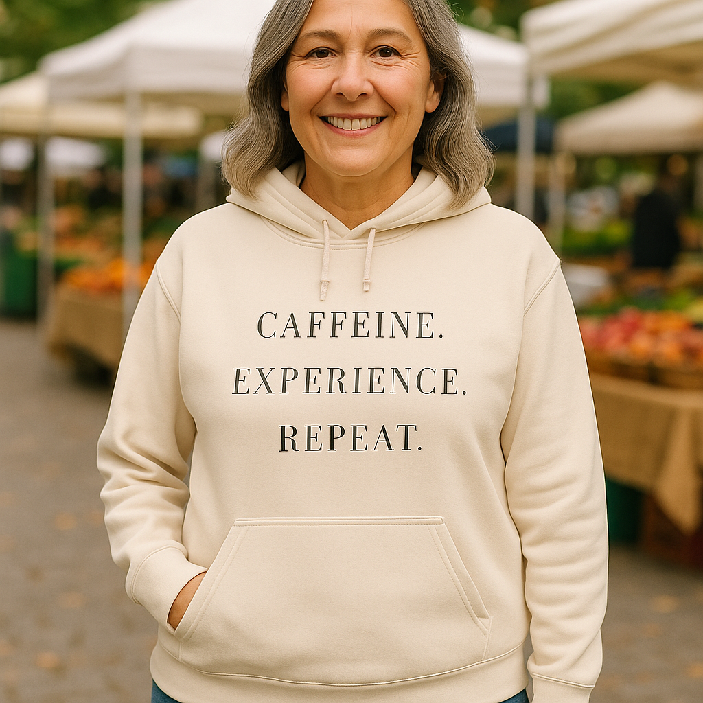 ☕ Caffeine. Experience. Repeat. – The Everyday Hustle Hoodie, Cozy Sweatshirt for Coffee Lovers, Gift for Baristas, Relaxed Fit, Perfect for Self-Care Days.