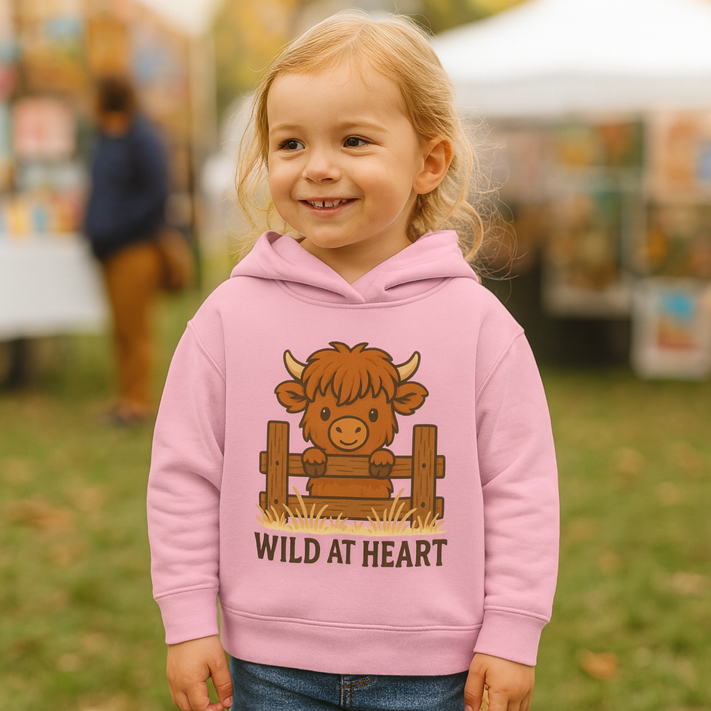 Wild at Heart Toddler Pullover Fleece Hoodie, Cute Animal Sweatshirt, Kids' Cozy Top, Birthday Gift, Highland Cow