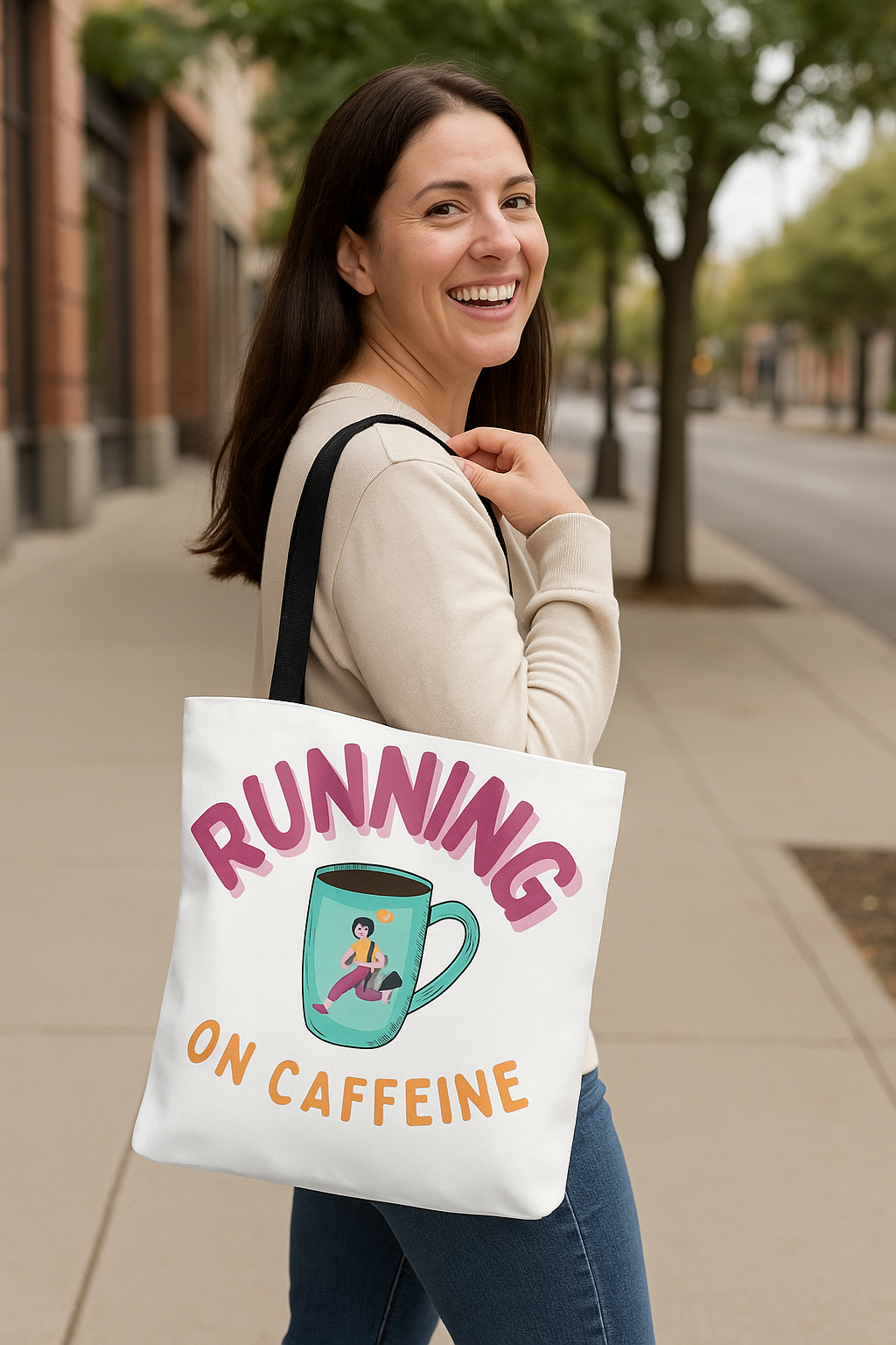 Caffeinated Runner Tote Bag - Perfect for Work, Gym, Coffee Lovers, Gift for Runners, Fun Shopping Bag, Motivational Accessory