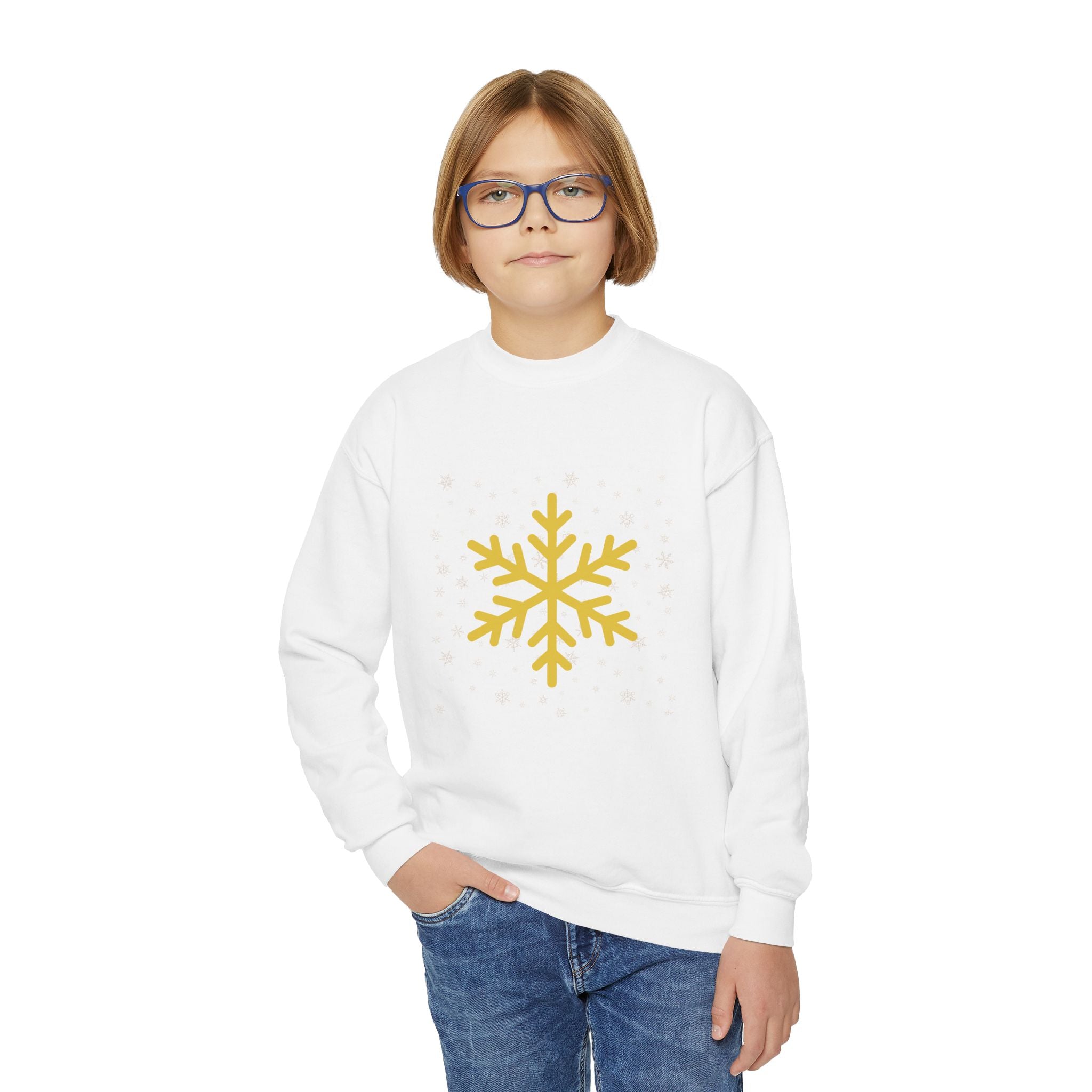 YOUTH Winter Crewneck Sweatshirt with Gold Snowflake Design, Cozy Seasonal Sweatshirt, Gift for Kids, Holiday Apparel, Winter Fashion