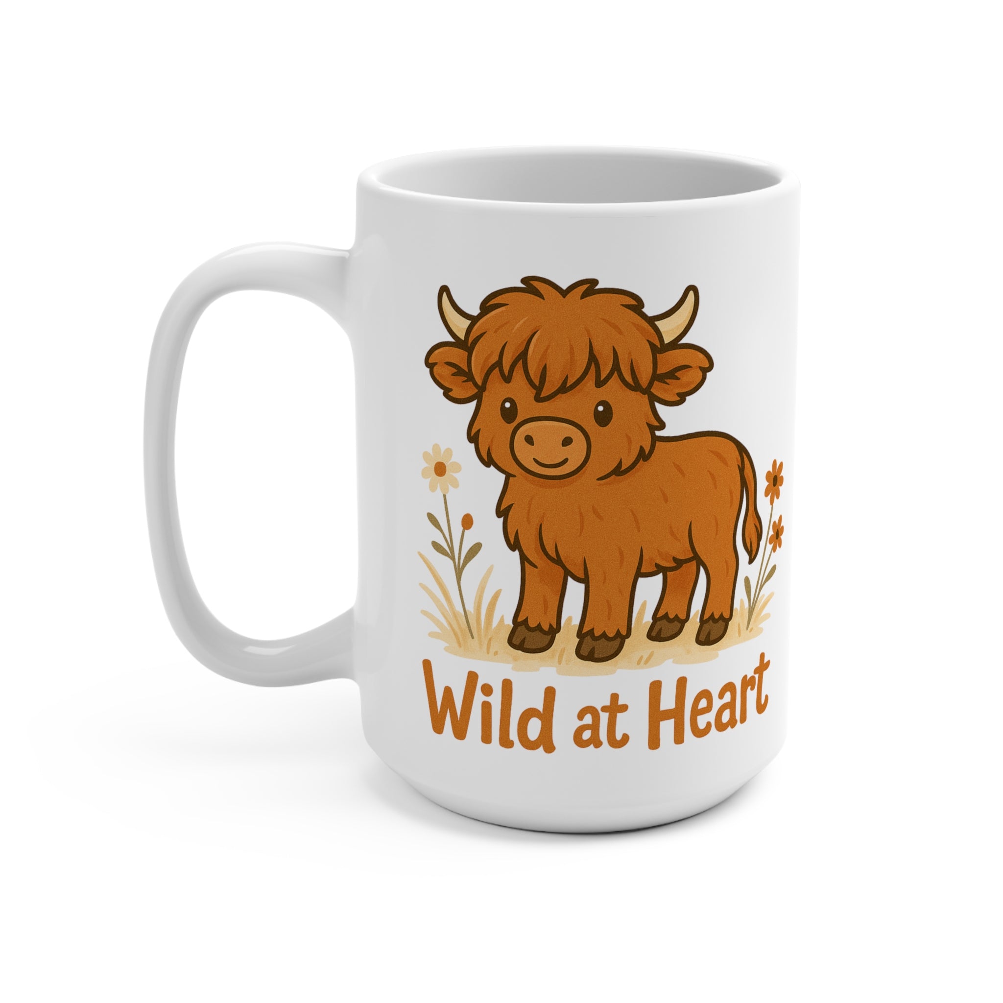 Wild at Heart Highland Cow 15oz Mug - Cute Animal Coffee Cup, Gift for Cow Lovers, Farmhouse Decor, Kitchen Essentials, Animal-Themed Drinkware