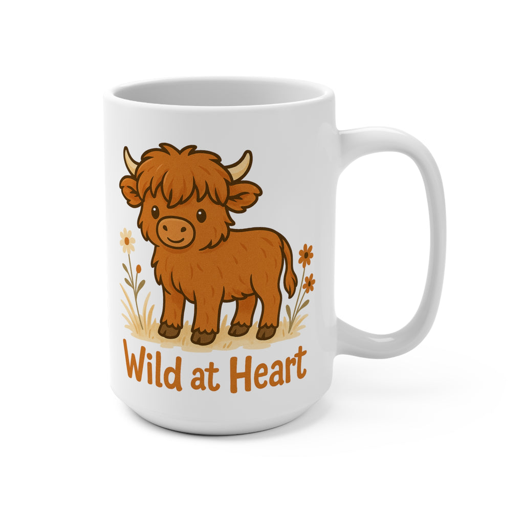 Wild at Heart Highland Cow 15oz Mug - Cute Animal Coffee Cup, Gift for Cow Lovers, Farmhouse Decor, Kitchen Essentials, Animal-Themed Drinkware