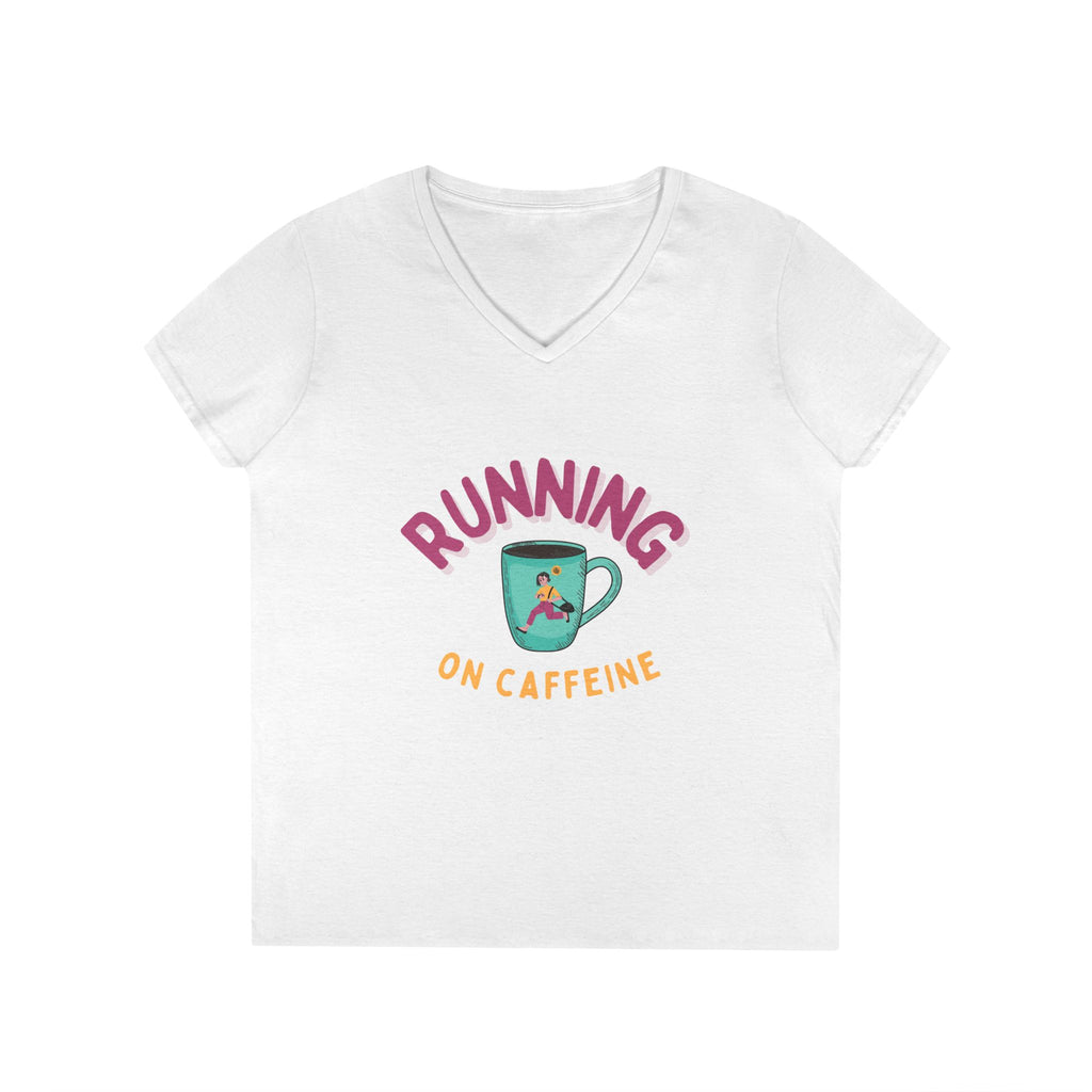 Running on Caffeine Ladies' V-Neck T-Shirt, Gift for Coffee Lovers, Casual Tee, Workout Shirt, Birthday Gift, Fun Graphic Tee