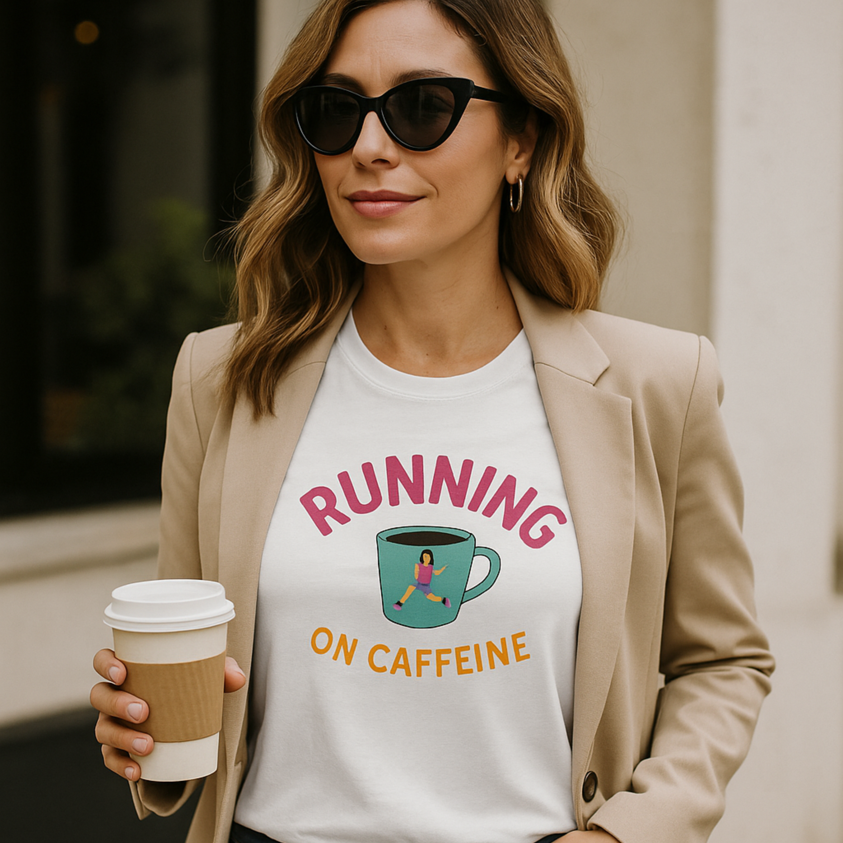 Running on Caffeine Ladies' V-Neck T-Shirt, Gift for Coffee Lovers, Casual Tee, Workout Shirt, Birthday Gift, Fun Graphic Tee